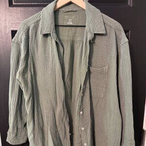 Aerie Oversized Button Down Waffle Knit Shirt Light Green Medium